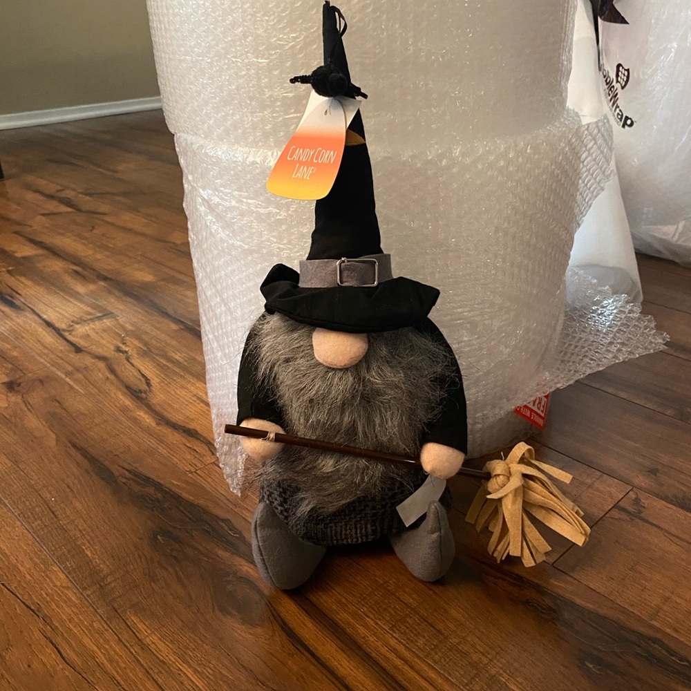 Candy corn lane witch with broom gnome